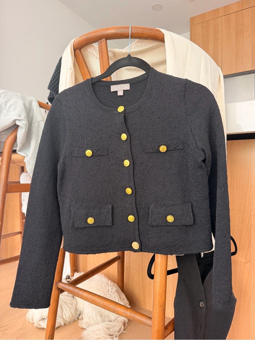 J. Crew Black Tweed Cropped Jacket with Gold Buttons